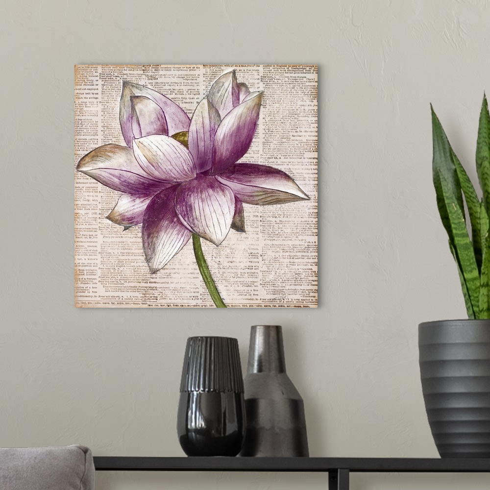 A modern room featuring Square artwork of a white and purple lotus flower floating over bible text.