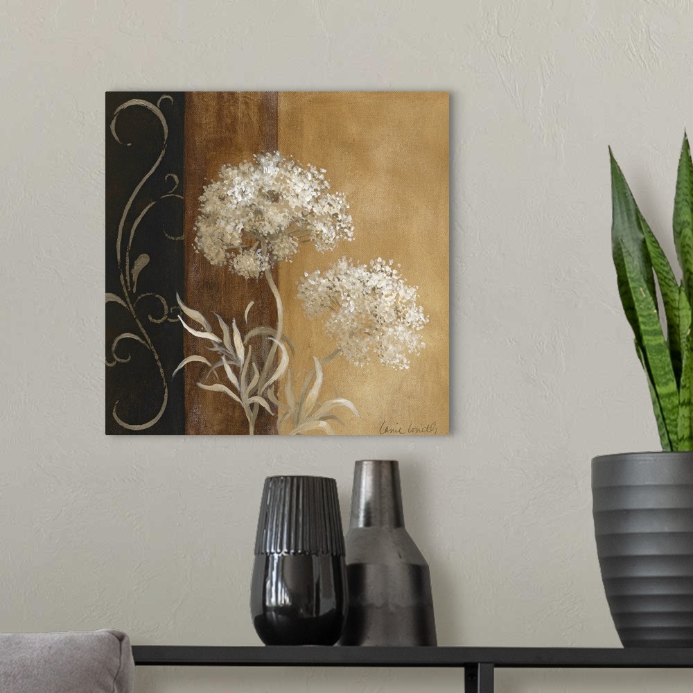 A modern room featuring Decorative artwork for the home of white painted flowers in front of a brown and black wall.