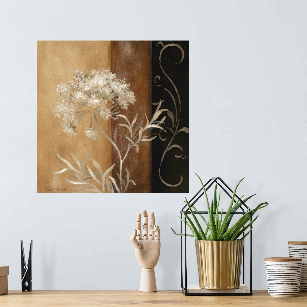 A bohemian room featuring Neutral colored painting of flower clusters and their leaves on a background made of bands of col...