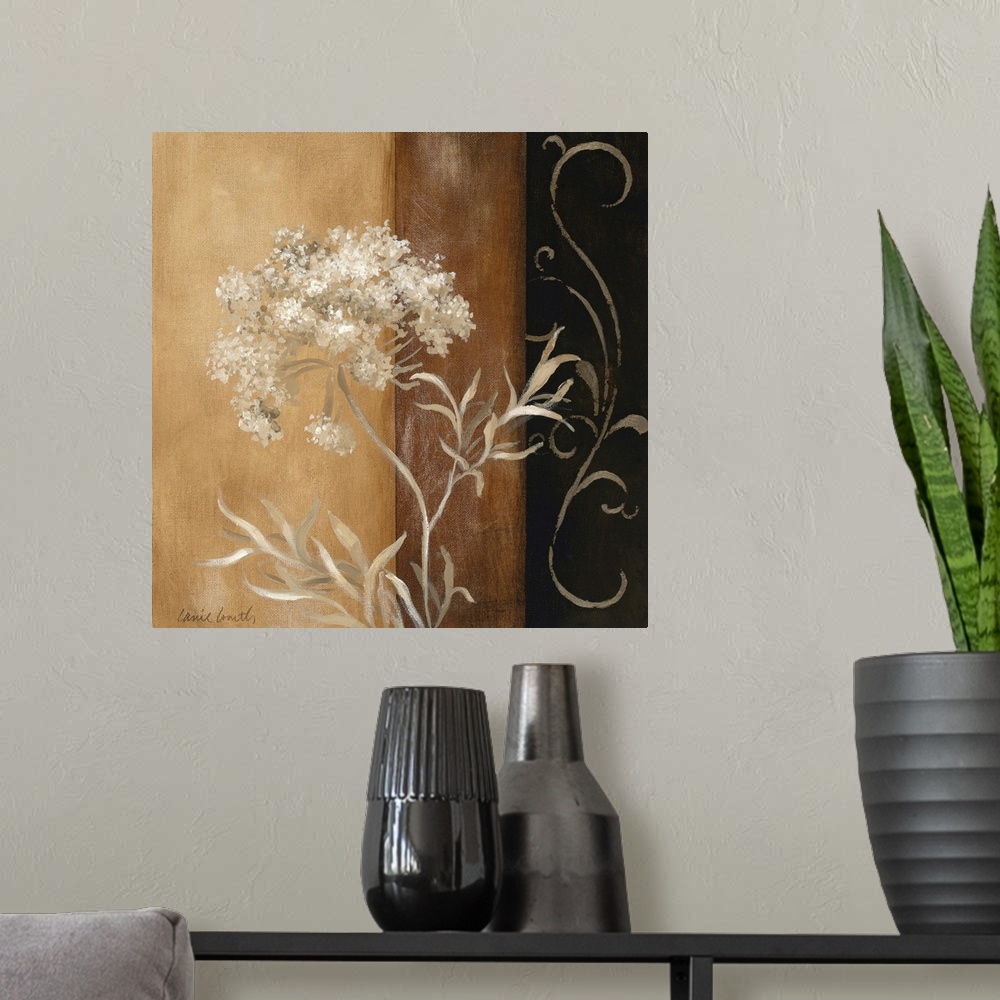 A modern room featuring Neutral colored painting of flower clusters and their leaves on a background made of bands of col...