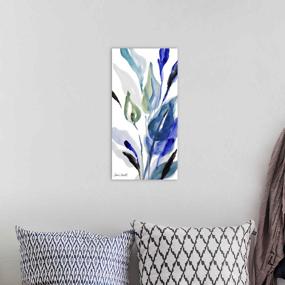 A bohemian room featuring Watercolor painting of vibrant blue flowers against a white background.