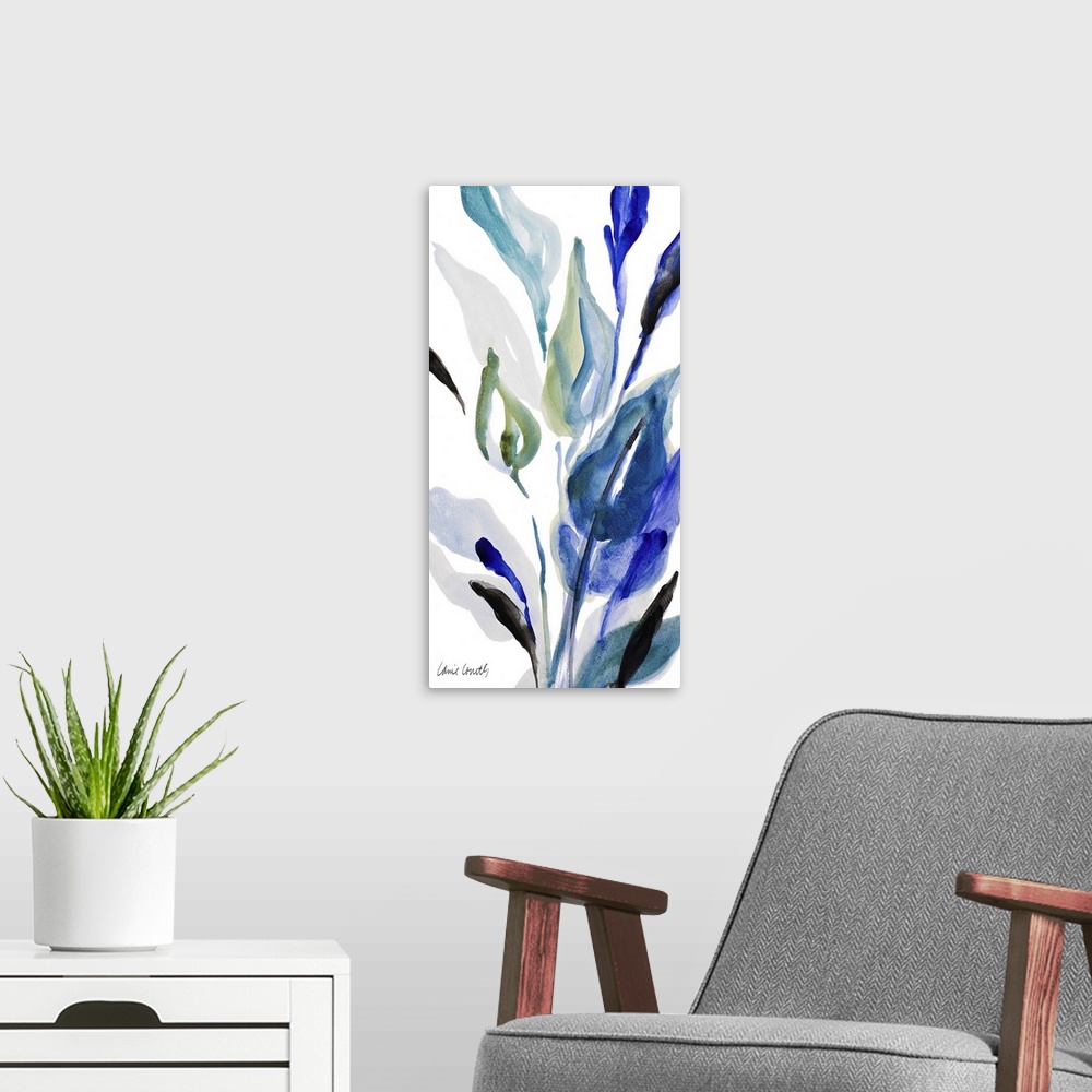 A modern room featuring Watercolor painting of vibrant blue flowers against a white background.