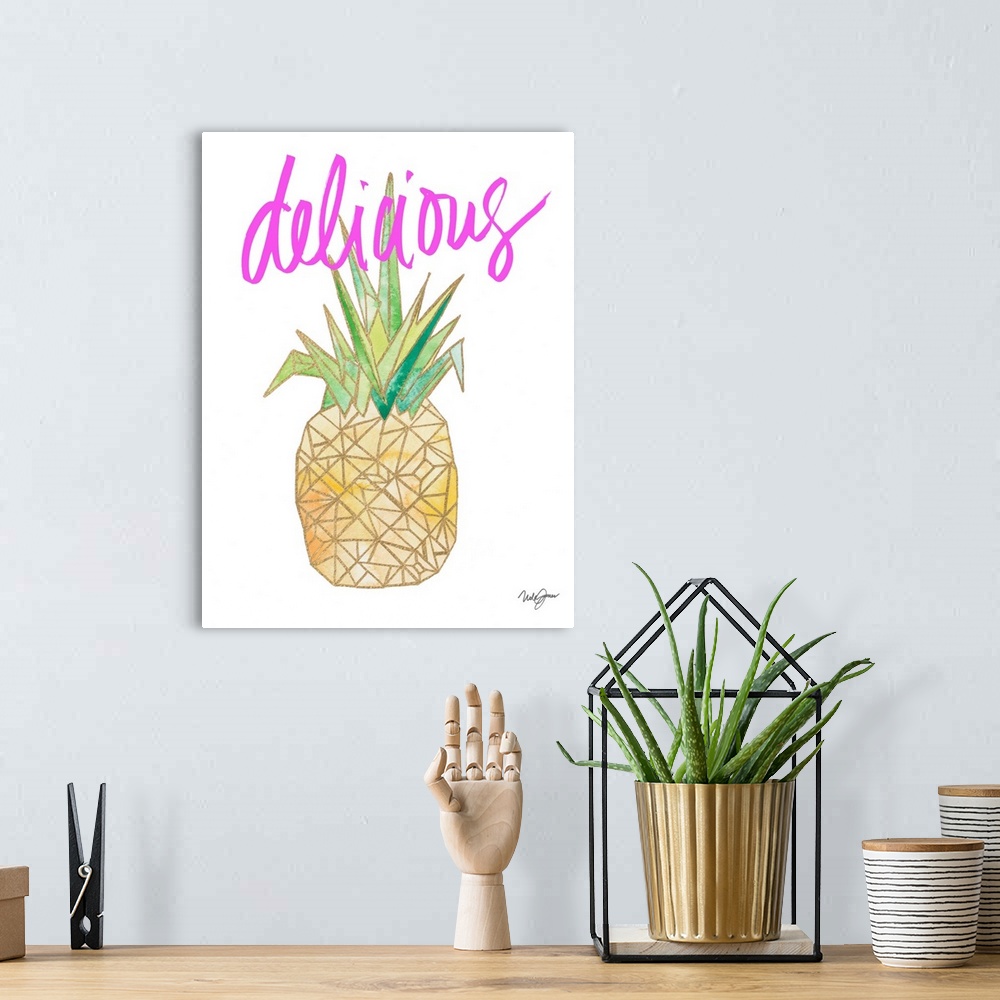 A bohemian room featuring Watercolor painting of a pineapple created with metallic gold geometric shapes on a white backgro...