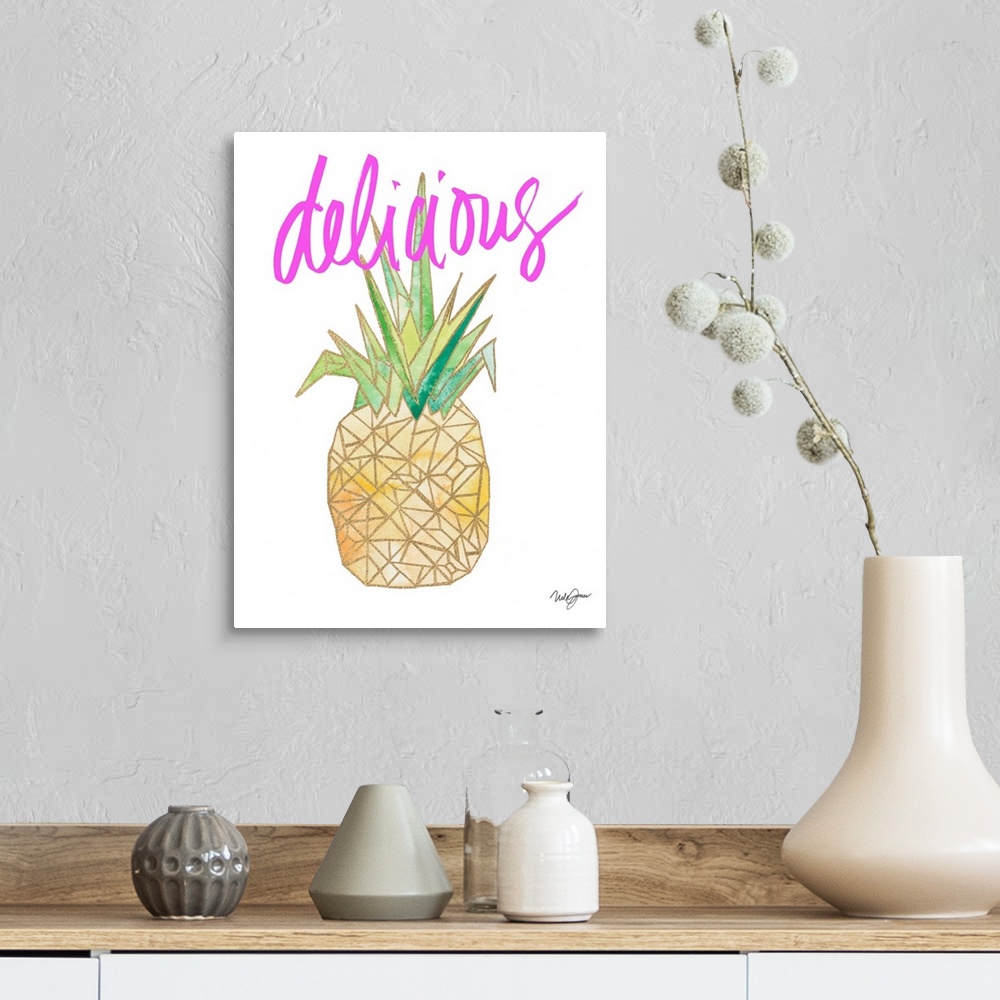 A farmhouse room featuring Watercolor painting of a pineapple created with metallic gold geometric shapes on a white backgro...