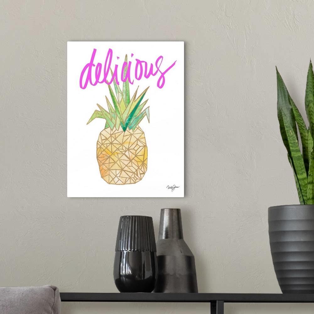 A modern room featuring Watercolor painting of a pineapple created with metallic gold geometric shapes on a white backgro...