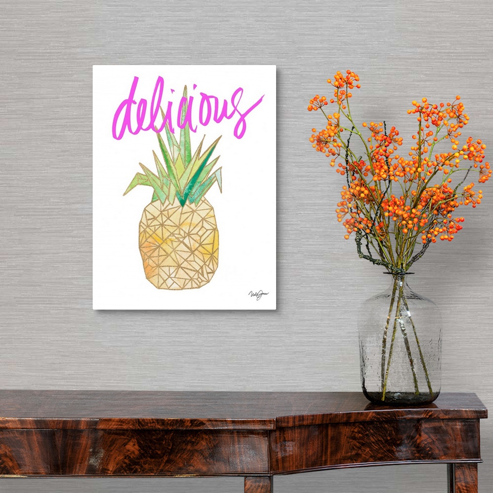 A traditional room featuring Watercolor painting of a pineapple created with metallic gold geometric shapes on a white backgro...