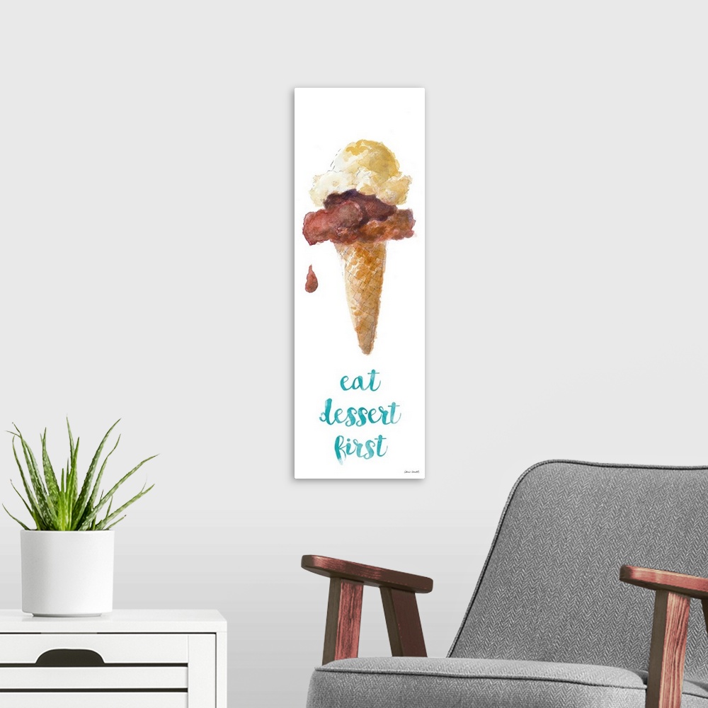 A modern room featuring Watercolor painting of an ice cream cone with one scoop of chocolate and one scoop of vanilla and...