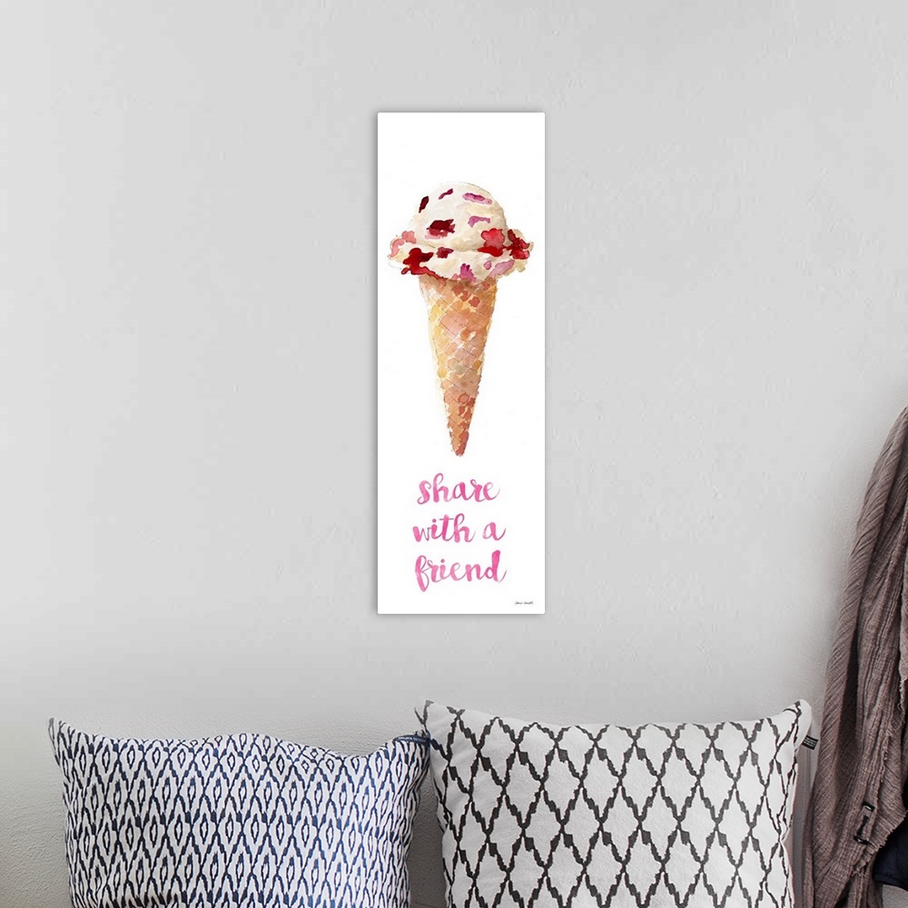 A bohemian room featuring Watercolor painting of an ice cream cone with a scoop of strawberry chunk ice cream and the phras...