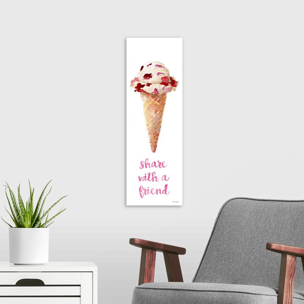 A modern room featuring Watercolor painting of an ice cream cone with a scoop of strawberry chunk ice cream and the phras...