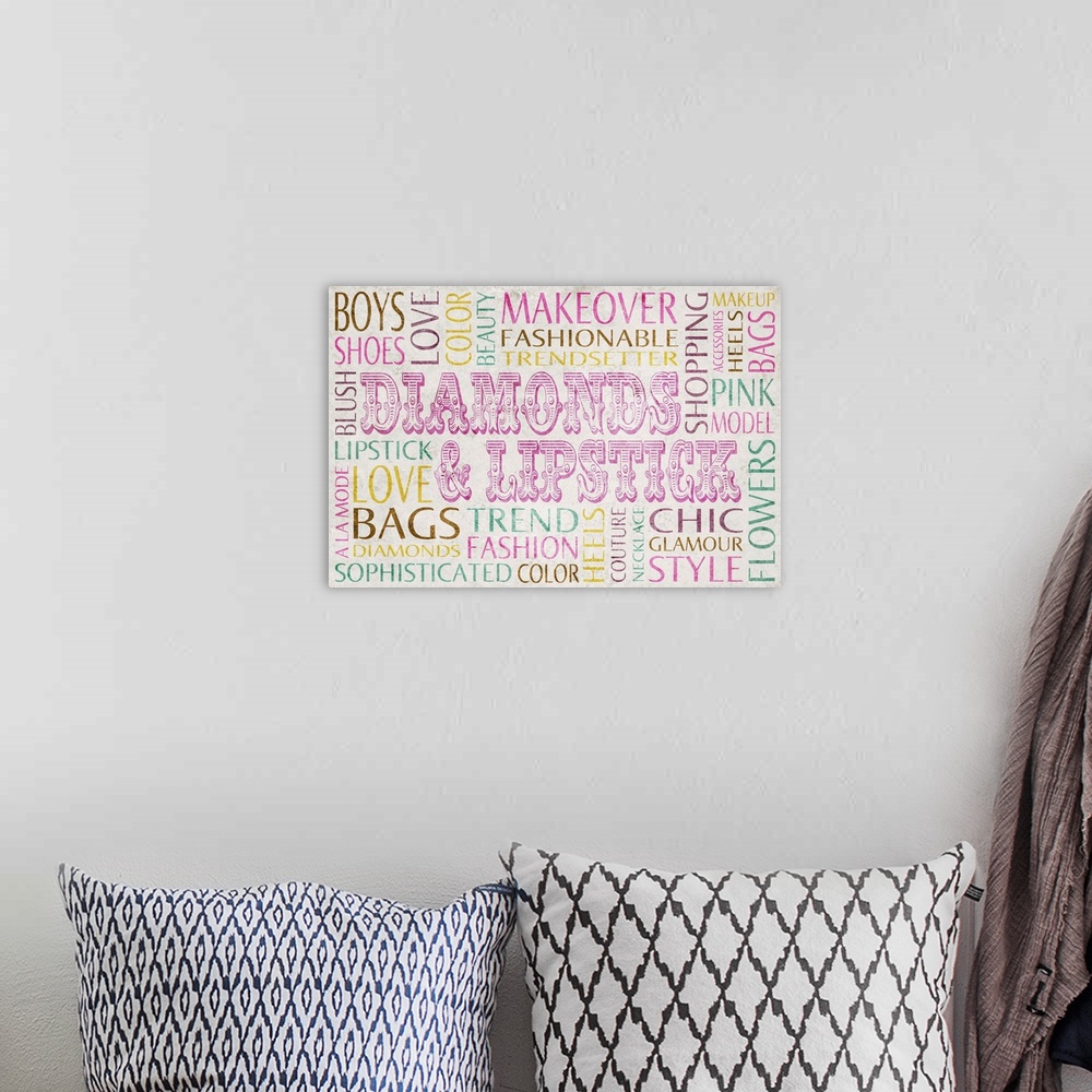 A bohemian room featuring Typography art made of several words associated with teenage girls.