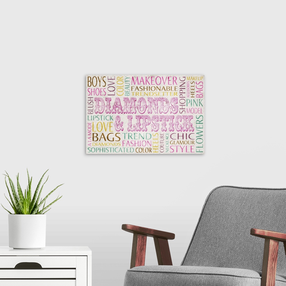 A modern room featuring Typography art made of several words associated with teenage girls.