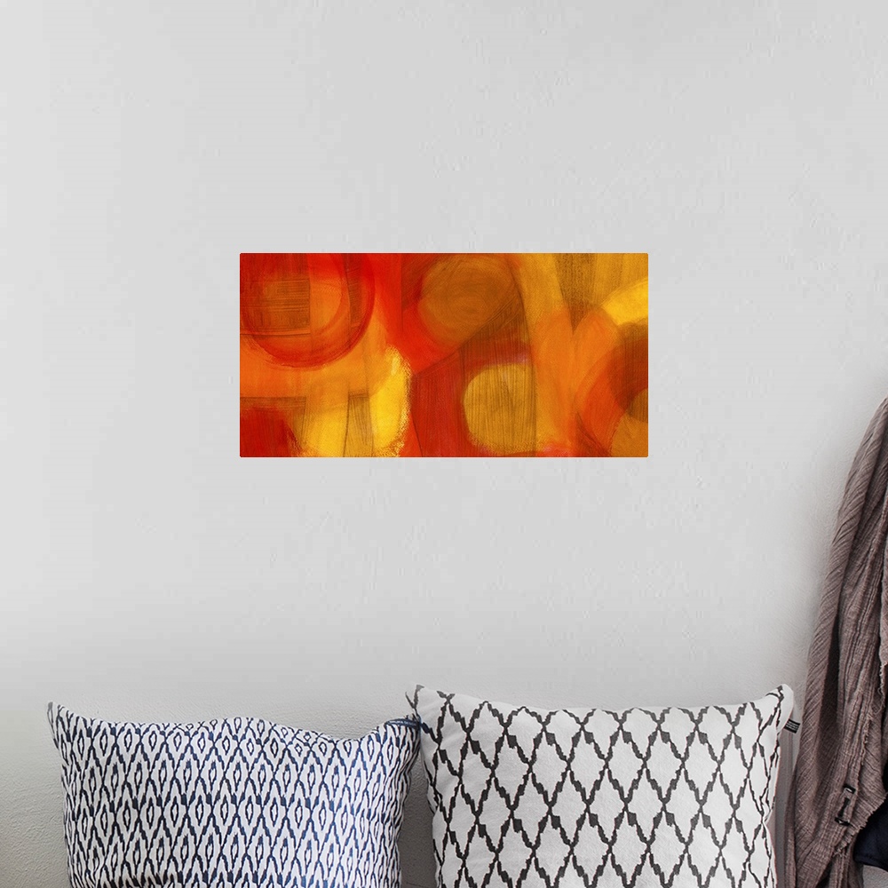 A bohemian room featuring Wide, horizontal abstract wall art of curves and circles in a painting with transparent layers.