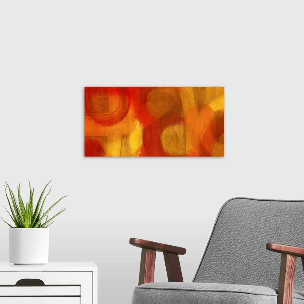A modern room featuring Wide, horizontal abstract wall art of curves and circles in a painting with transparent layers.