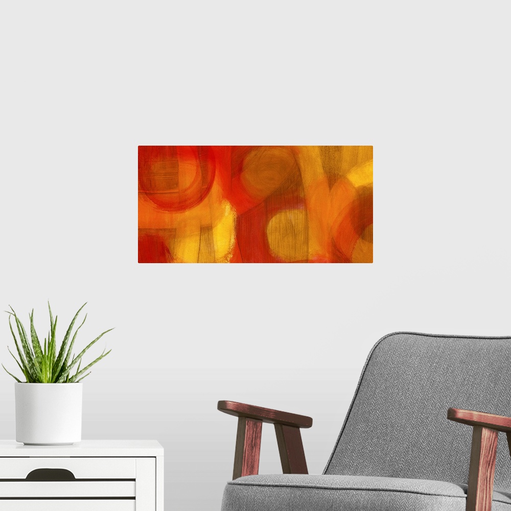 A modern room featuring Wide, horizontal abstract wall art of curves and circles in a painting with transparent layers.