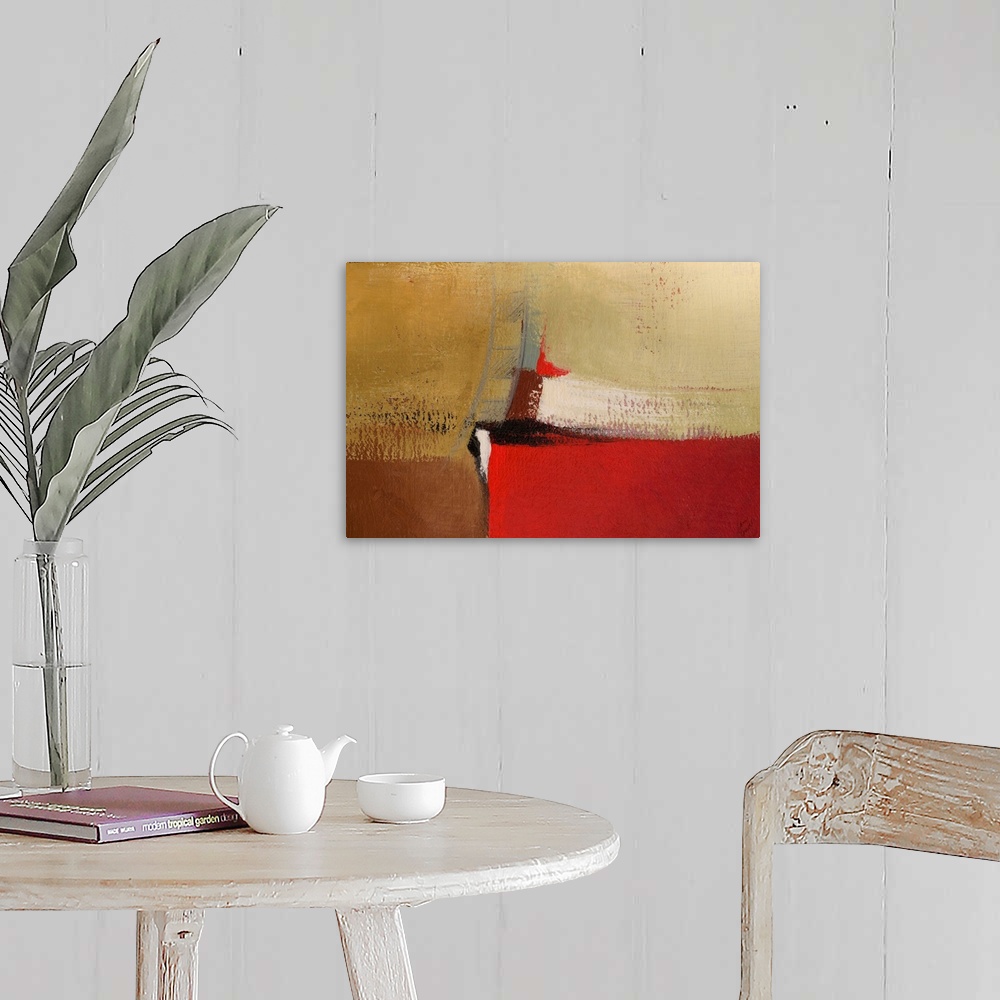 A farmhouse room featuring Abstract artwork in earth tones with bright red.