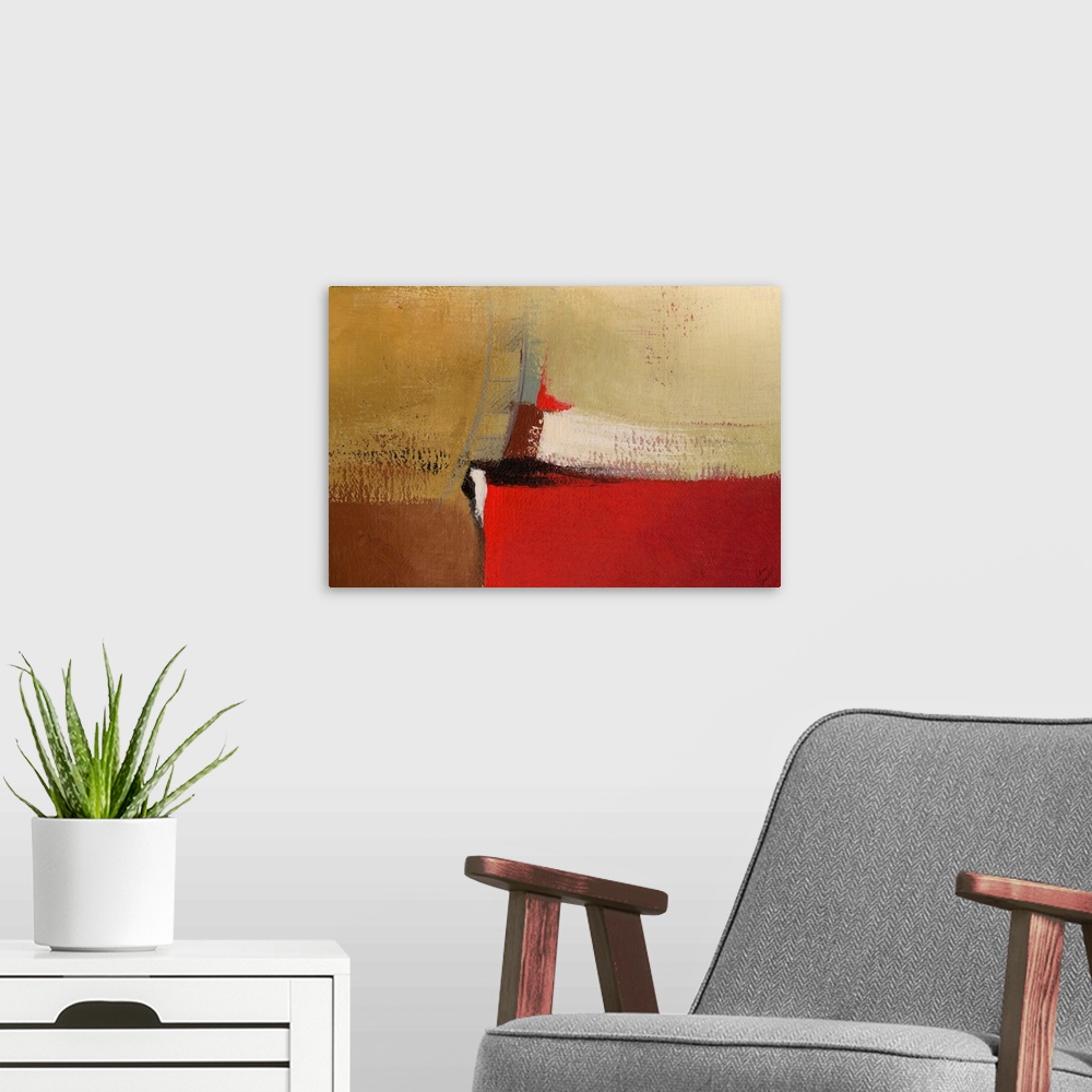 A modern room featuring Abstract artwork in earth tones with bright red.