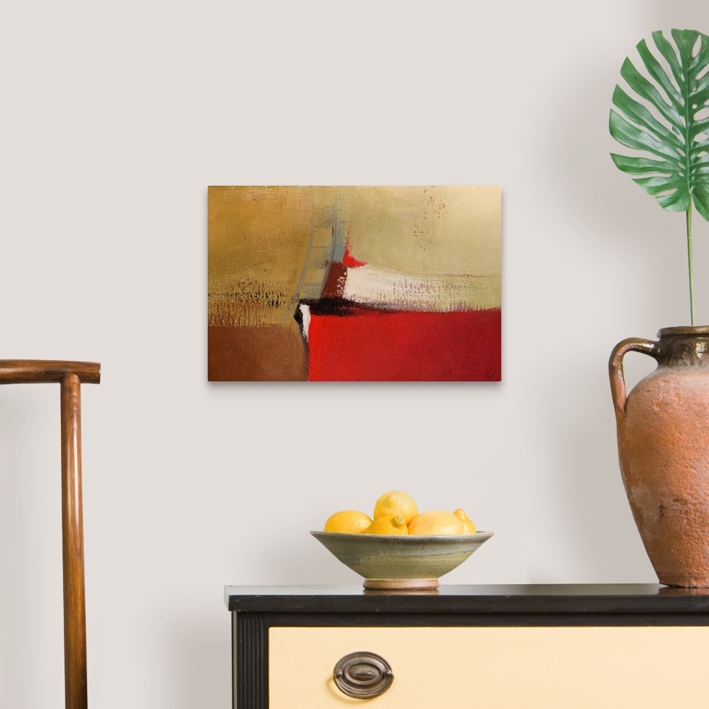 A traditional room featuring Abstract artwork in earth tones with bright red.