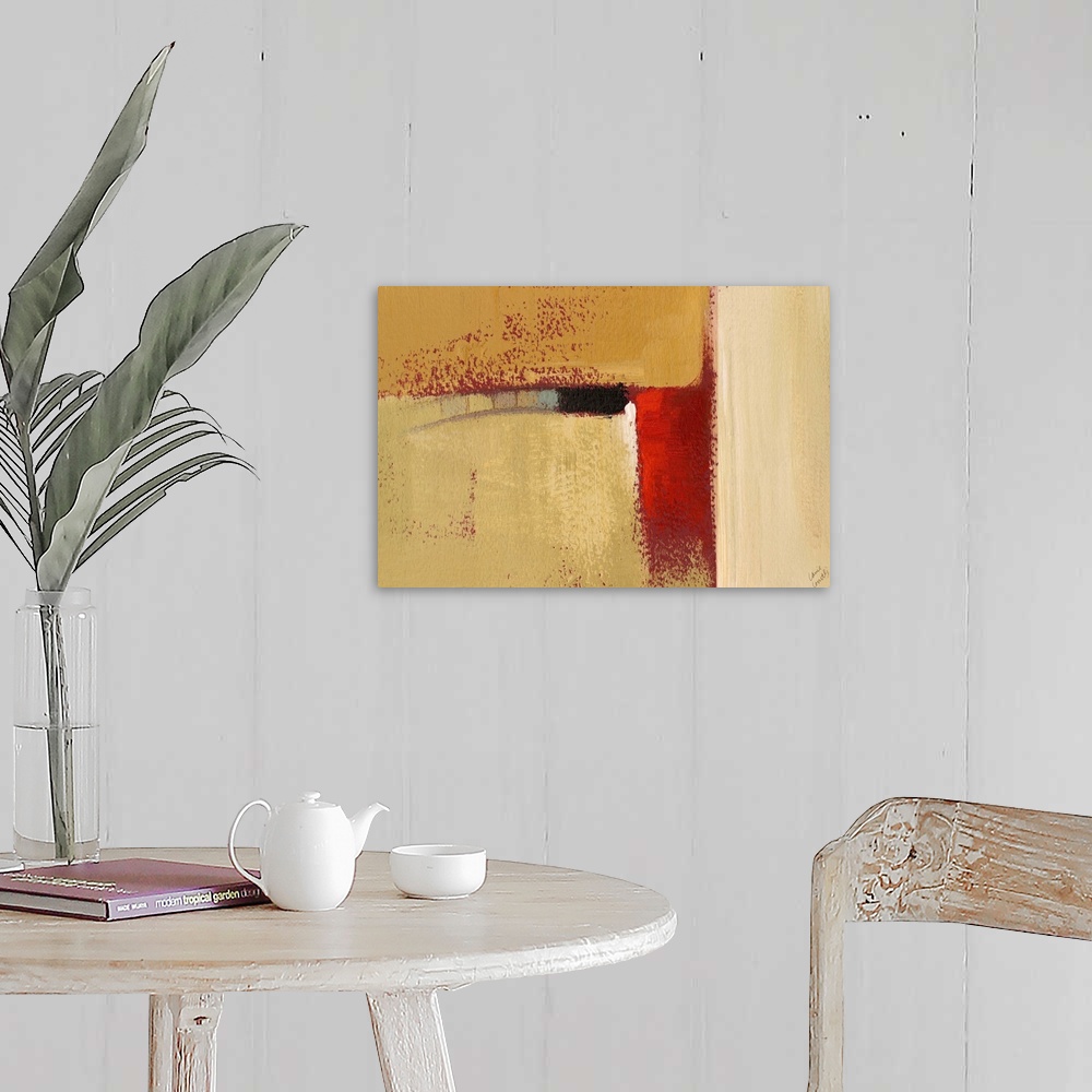 A farmhouse room featuring Abstract artwork in earth tones with a red streak.