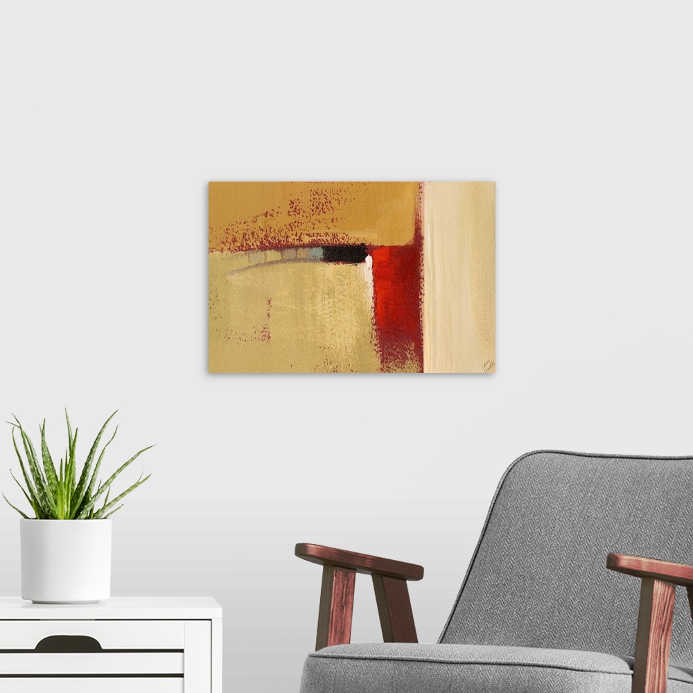 A modern room featuring Abstract artwork in earth tones with a red streak.