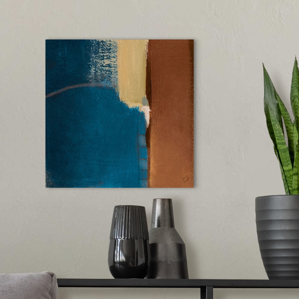 A modern room featuring Abstract artwork in blue and brown.