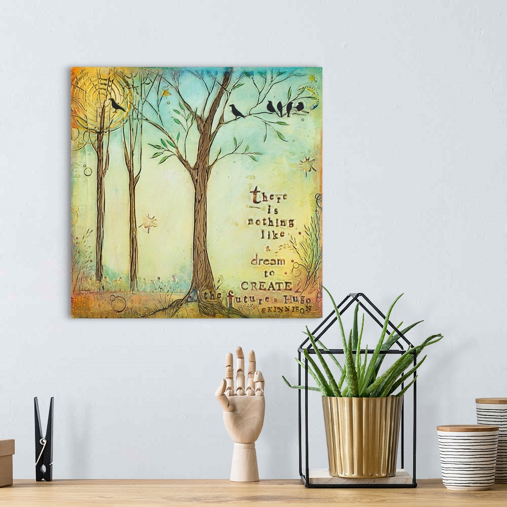 A bohemian room featuring Inspirational sentiment on a painting of birds in the branches of a tree in a forest.