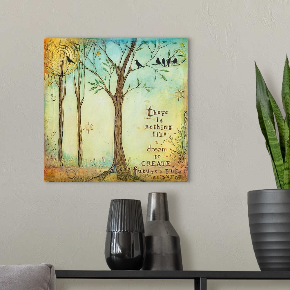 A modern room featuring Inspirational sentiment on a painting of birds in the branches of a tree in a forest.