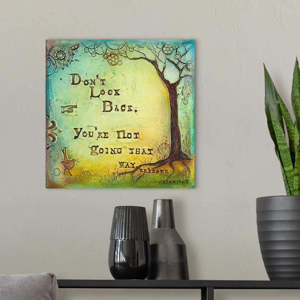 A modern room featuring Inspirational sentiment over a painting of a tree with circular shapes in the branches.