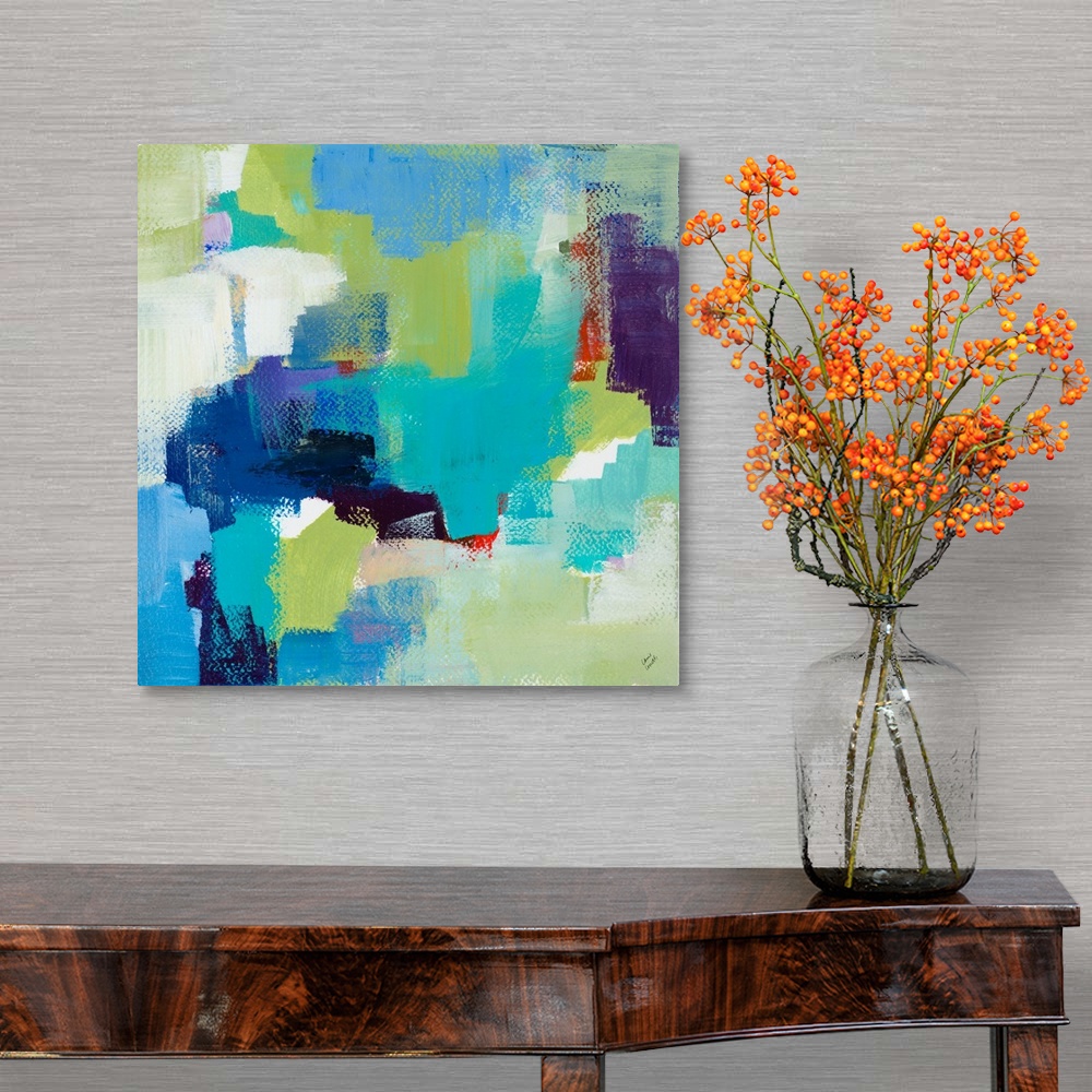 A traditional room featuring This abstract artwork features bright blocks of color scattered in a energetic manner.