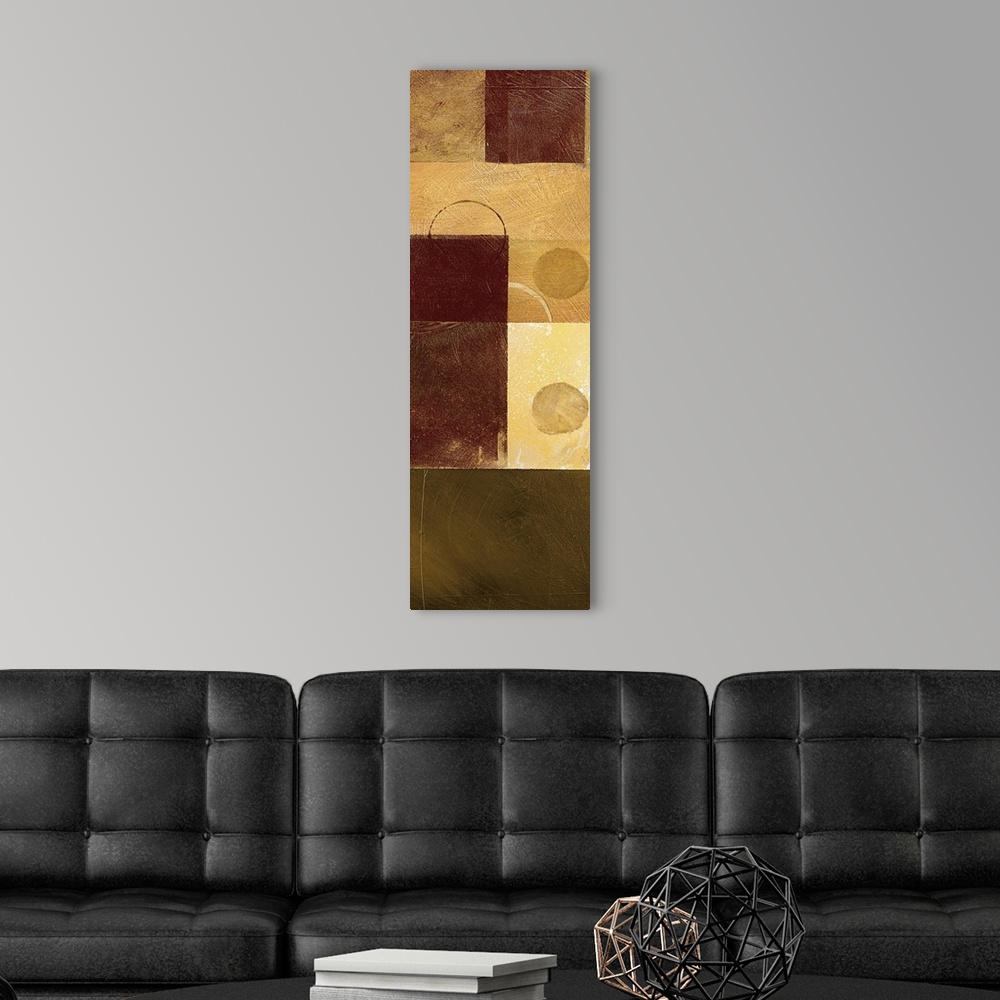 A modern room featuring Abstract painting in warm brown shades, with circular shapes and blocks of color.