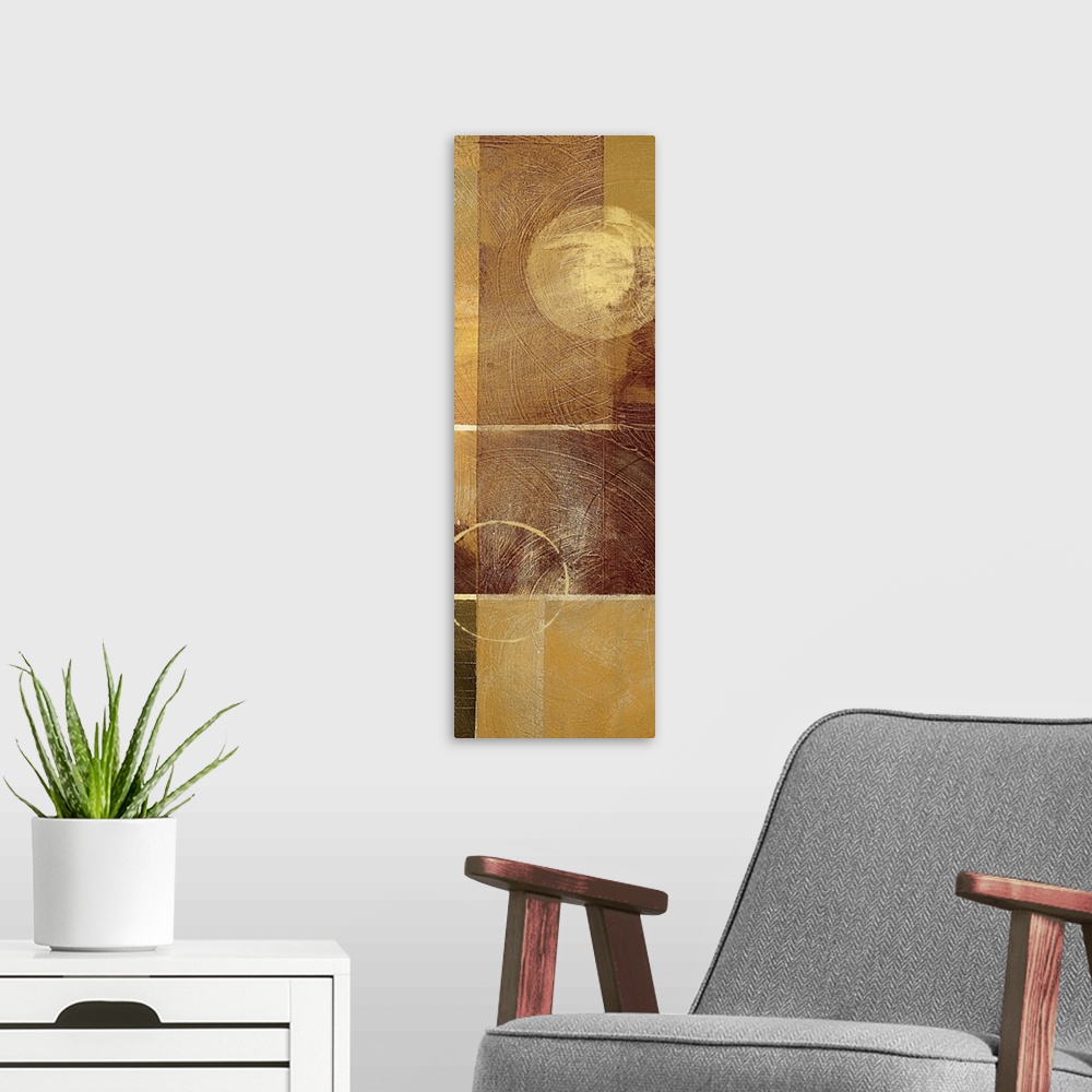 A modern room featuring Abstract painting in warm brown shades, with circular shapes and blocks of color.