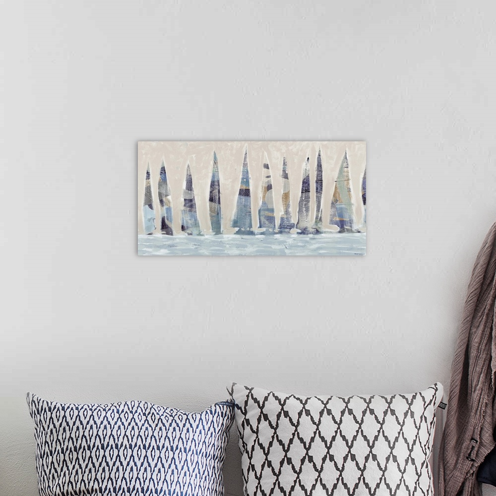 A bohemian room featuring A contemporary painting of a dozen blue muted sailboats on the ocean.