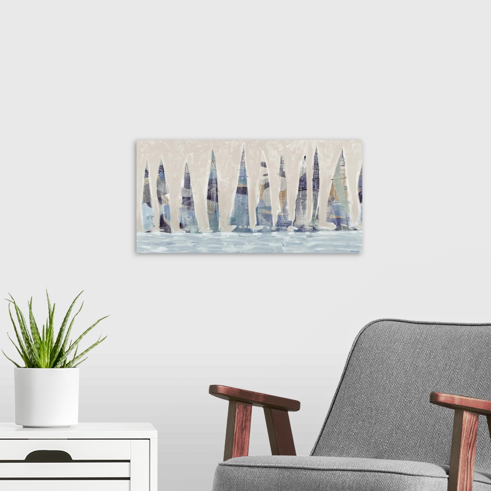 A modern room featuring A contemporary painting of a dozen blue muted sailboats on the ocean.