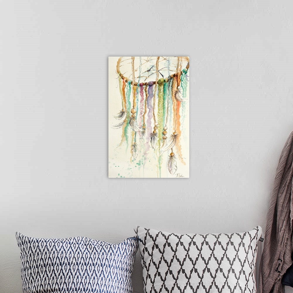 A bohemian room featuring Painting of a dream catcher with cords of varying color and feathers tied to the ends.