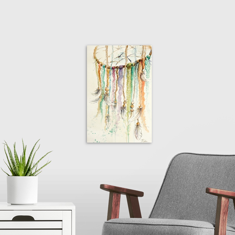 A modern room featuring Painting of a dream catcher with cords of varying color and feathers tied to the ends.