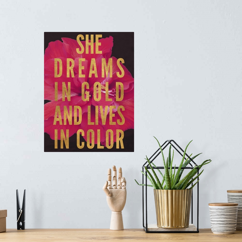 A bohemian room featuring Block text that reads "She dreams in gold and lives in color" over an image of a red flower.