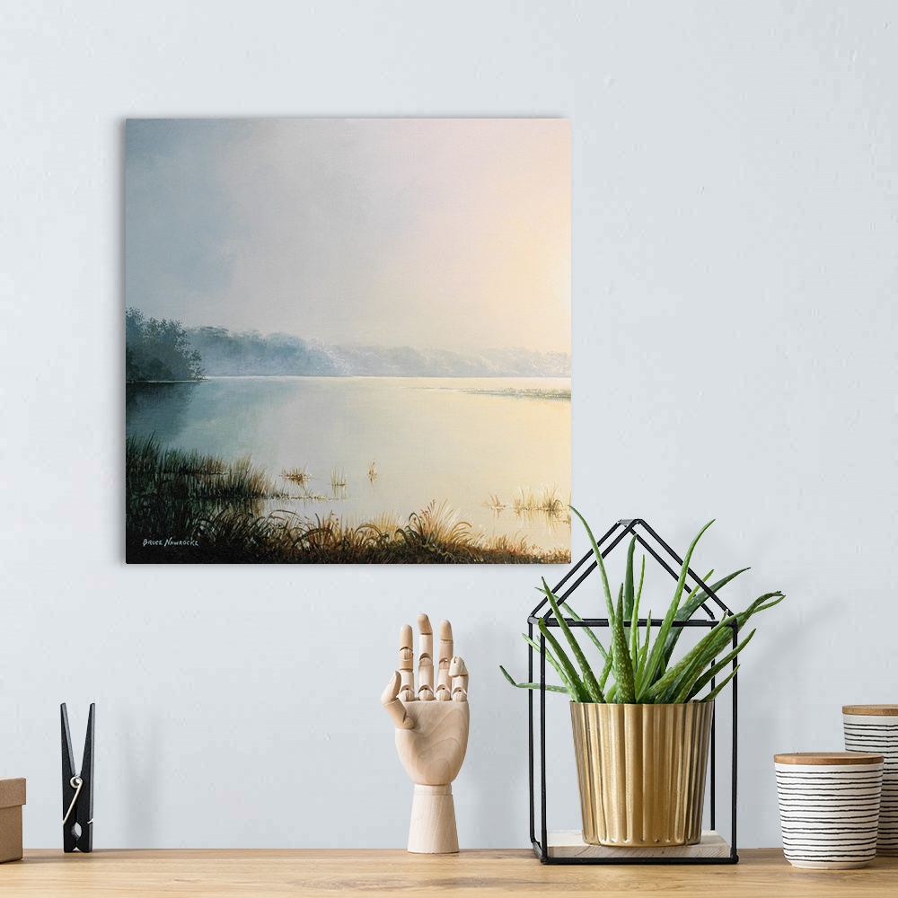 A bohemian room featuring Contemporary painting of a lake in early morning, with fog rising off the water.