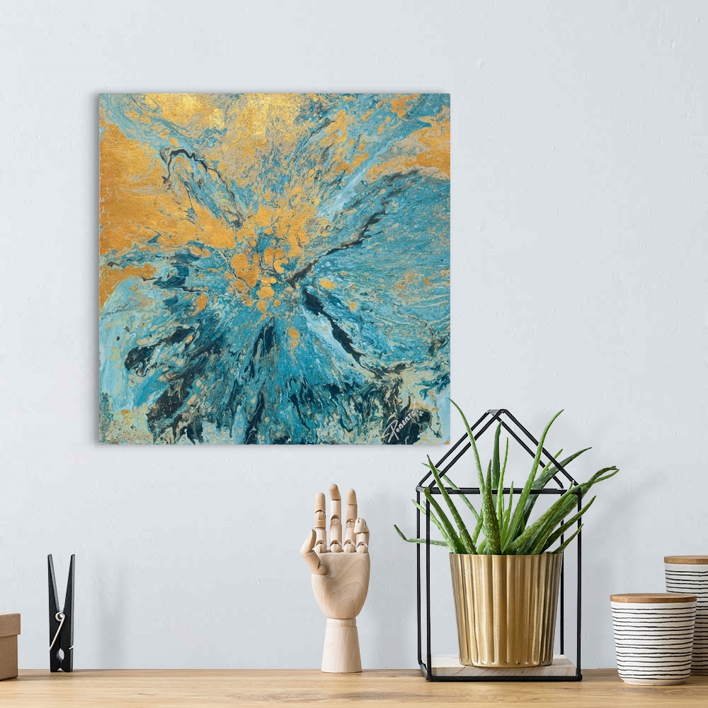 A bohemian room featuring Square abstract painting with metallic gold and different tones of blue hues combined to represen...