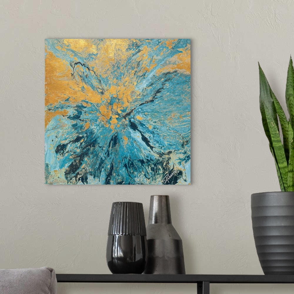 A modern room featuring Square abstract painting with metallic gold and different tones of blue hues combined to represen...
