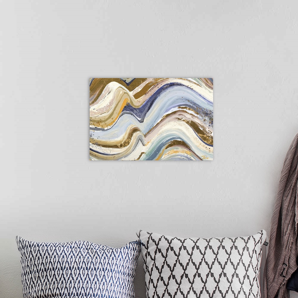 A bohemian room featuring Contemporary abstract painting with wavy lines piled on top of each other in earthy shades of blu...