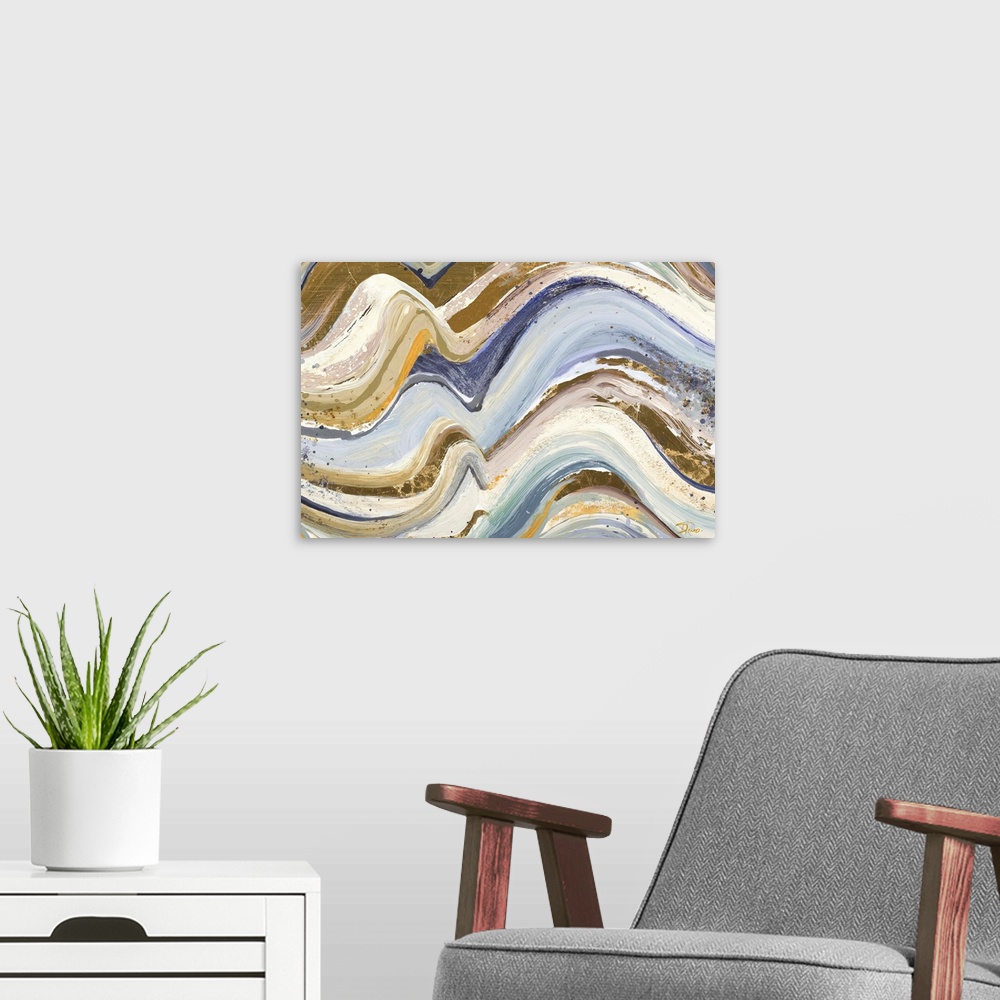 A modern room featuring Contemporary abstract painting with wavy lines piled on top of each other in earthy shades of blu...