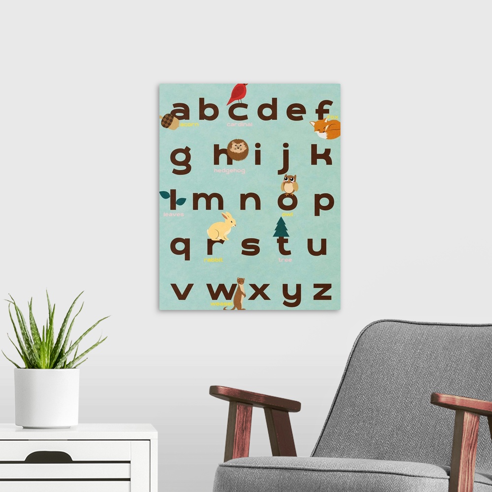 A modern room featuring The alphabet illustrated with creatures and objects from the forest.