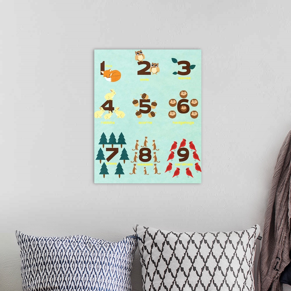 A bohemian room featuring The numbers 1 through 9 illustrated with woodland creatures and objects.