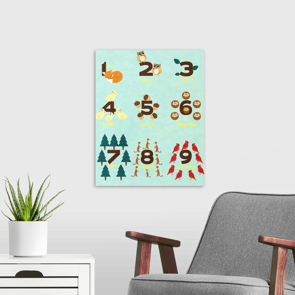 A modern room featuring The numbers 1 through 9 illustrated with woodland creatures and objects.
