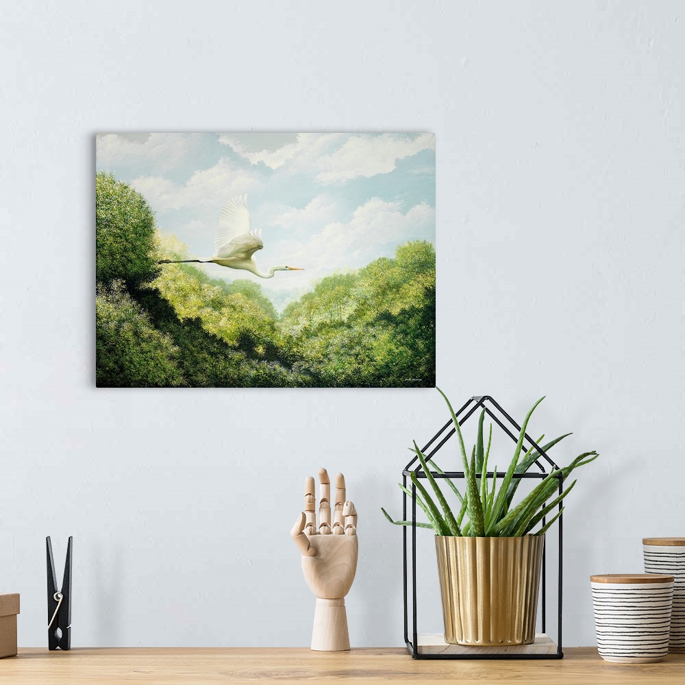 A bohemian room featuring A realistic painting of an Egret in flight over trees created out of different shades of green an...