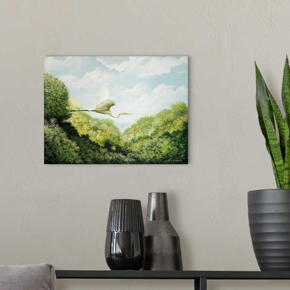 A modern room featuring A realistic painting of an Egret in flight over trees created out of different shades of green an...