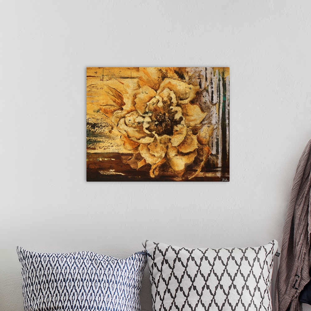 A bohemian room featuring Painting of a rustic golden flower against an abstract background in gold.