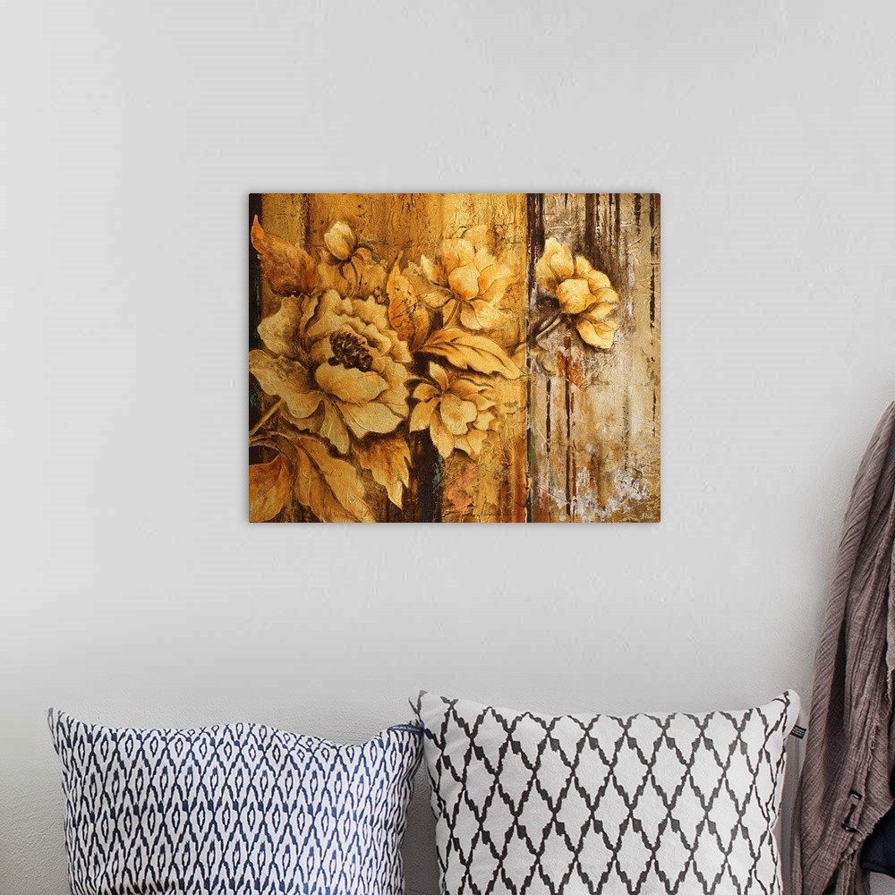 A bohemian room featuring Painting of rustic golden flowers against an abstract background in gold.