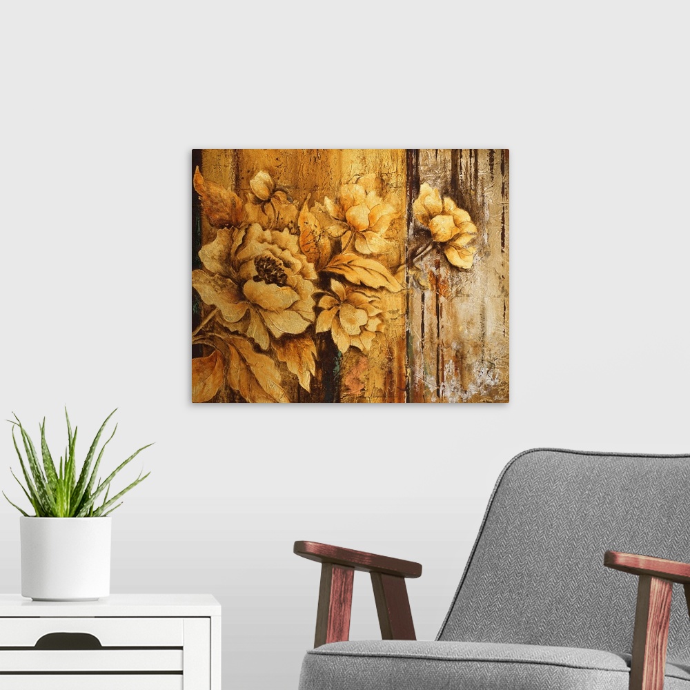A modern room featuring Painting of rustic golden flowers against an abstract background in gold.