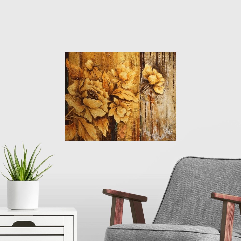 A modern room featuring Painting of rustic golden flowers against an abstract background in gold.