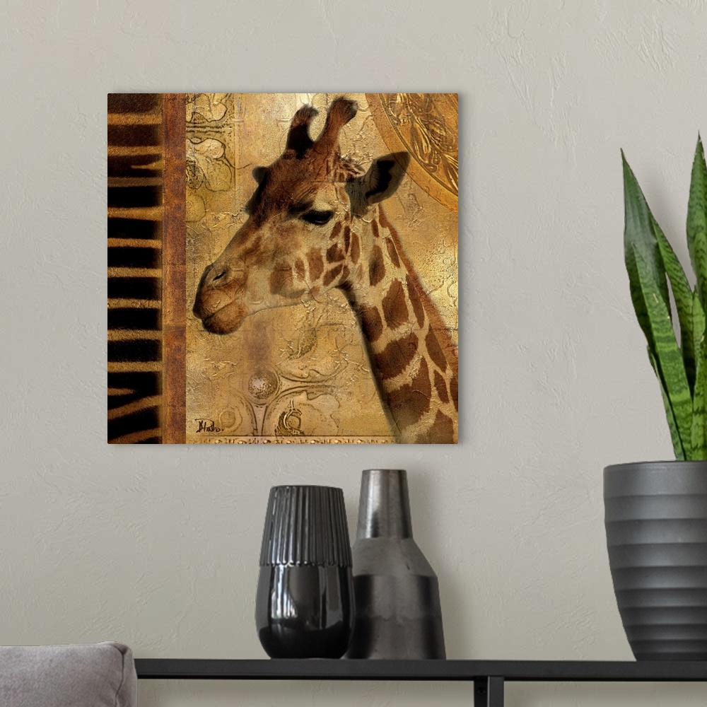 A modern room featuring Elegant Safari III (Giraffe)